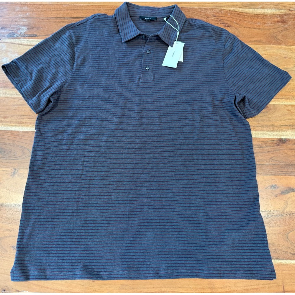 Vince Mens Cotton Striped Polo Shirt Grey Burgundy M66369464 XL New with Tags